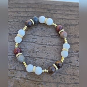 Real Brown And White Beaded Bracelet  With Gold Toned Accents